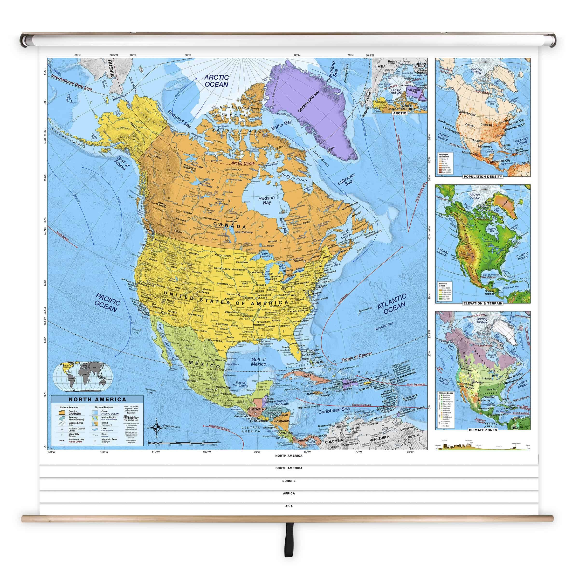 Detailed North America world map with political boundaries, geographic features, population density, elevation, climate zones, and area maps. Educational wall chart ideal for geography enthusiasts and classrooms.