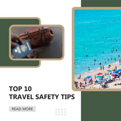 Suitcase and travel essentials on table with beach scene in background, travel safety tips.