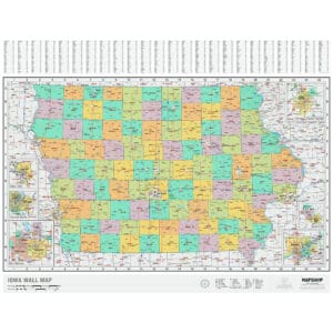 Iowa wall map with detailed county boundaries, city locations, highways, roads, and geographic features, ideal for travel, education, and navigation purposes.