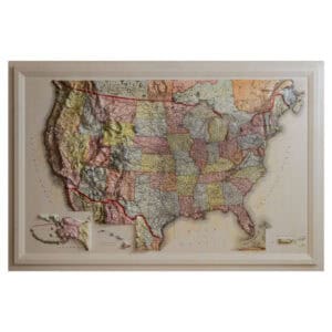 Colorful 3D raised relief map of the United States with detailed state borders, topography, and geographic features, perfect for travel planning, educational purposes, or decor from The Map Shop.
