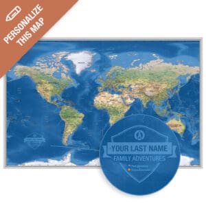Customized family adventure world map with personal name, perfect for travel enthusiasts and explorers; includes options for past and future adventures.