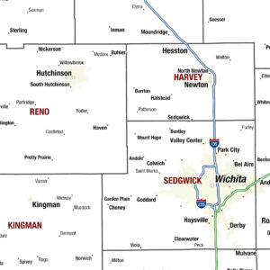 Railroad map highlighting key cities and highways in Kansas, including Wichita, Sedgwick, Harvey, and Reno, for detailed navigation and regional planning.