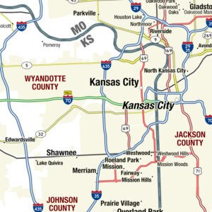 Detailed map of Kansas City and surrounding counties, highlighting major highways, neighborhoods, and geographical features related to Kansas City, Wyandotte County, Johnson County, and Jackson County, for accurate navigation and regional awareness.
