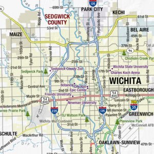 Map of Wichita, Kansas showing major roads, parks, and local attractions, ideal for navigation and travel planning.