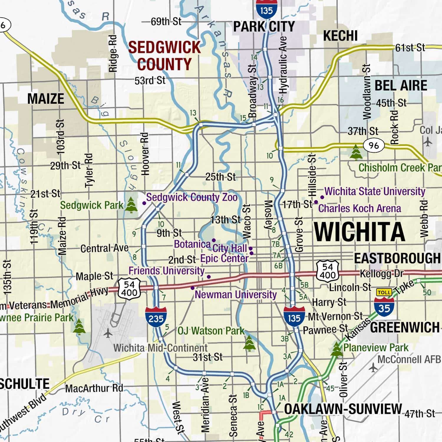 Map of Wichita, Kansas showing major roads, parks, and local attractions, ideal for navigation and travel planning.