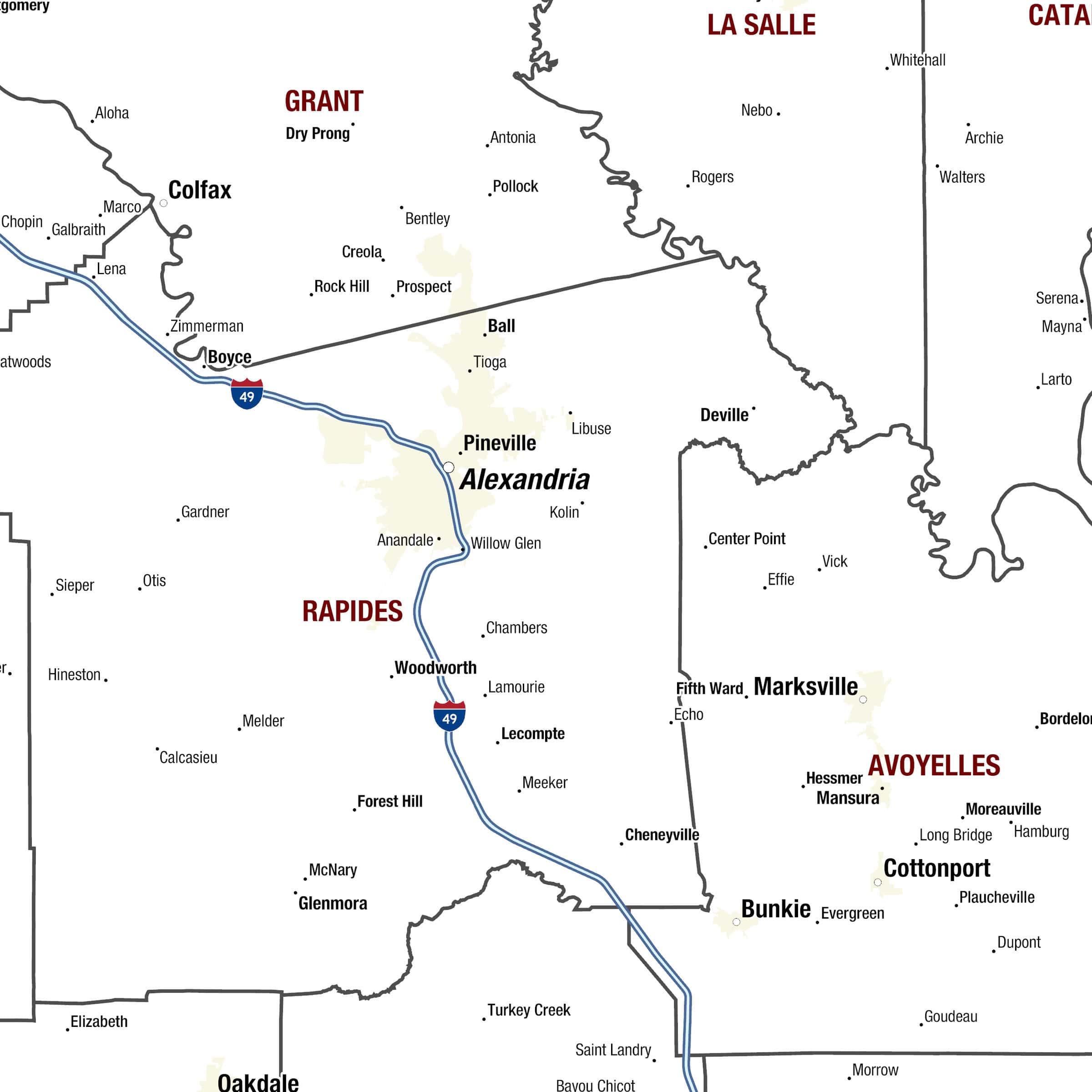 Boyce and Alexandria highlighted on the map, showcasing detailed regional mapping for navigation, travel planning, and geographic reference.
