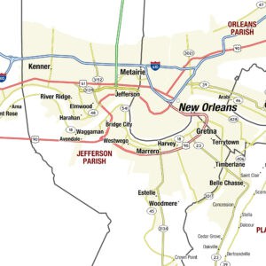 Detailed road map of New Orleans and Jefferson Parish, Louisiana, featuring highways, local streets, and key neighborhoods for accurate navigation and travel planning.
