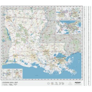LA US Louisiana Wall Map, detailed with highways, cities, lakes, and geographical features, perfect for navigation and geographic reference, includes inset maps of Lake Charles, Lafayette, Shreveport, Baton Rouge, and New Orleans.